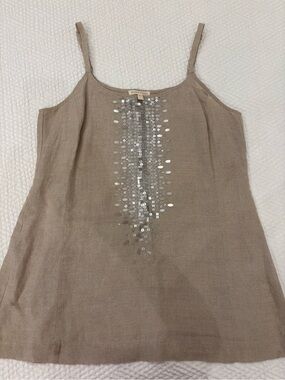 Eileen Fisher Taupe Linen Tank with Silver Sequin Embellishment